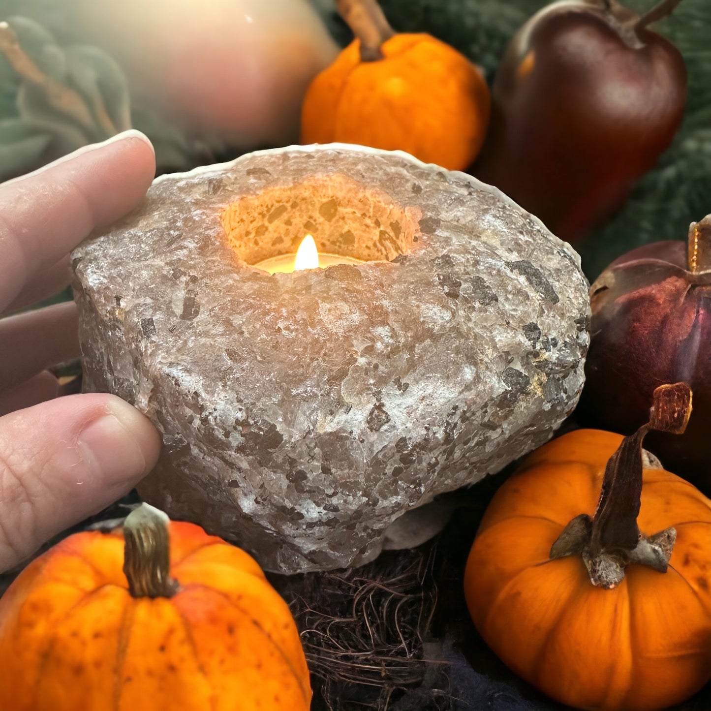 Black Tourmaline in Quartz Tea Light Candle Holder