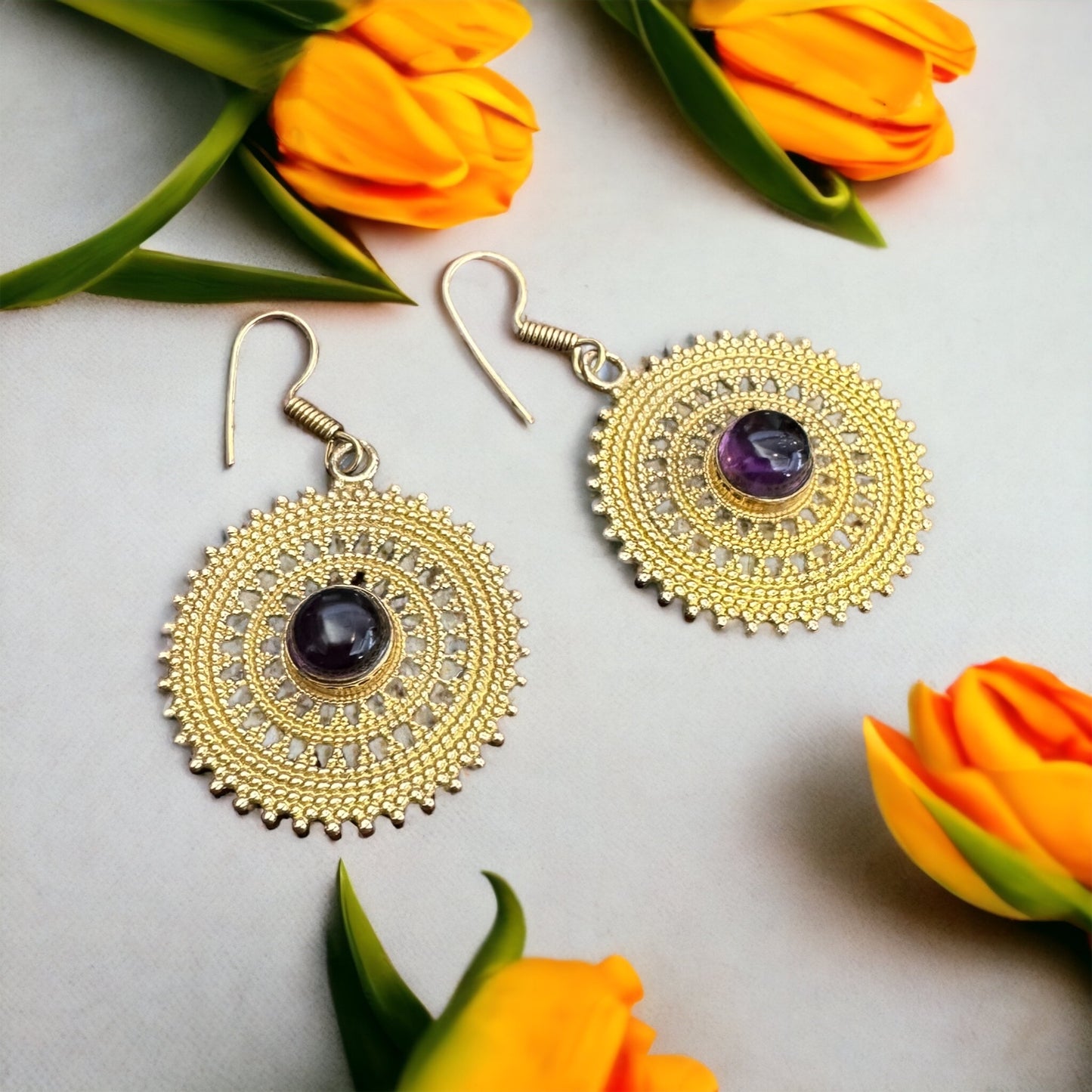 Brass Earrings ‘Mandala Dreams’ with Gemstones #65