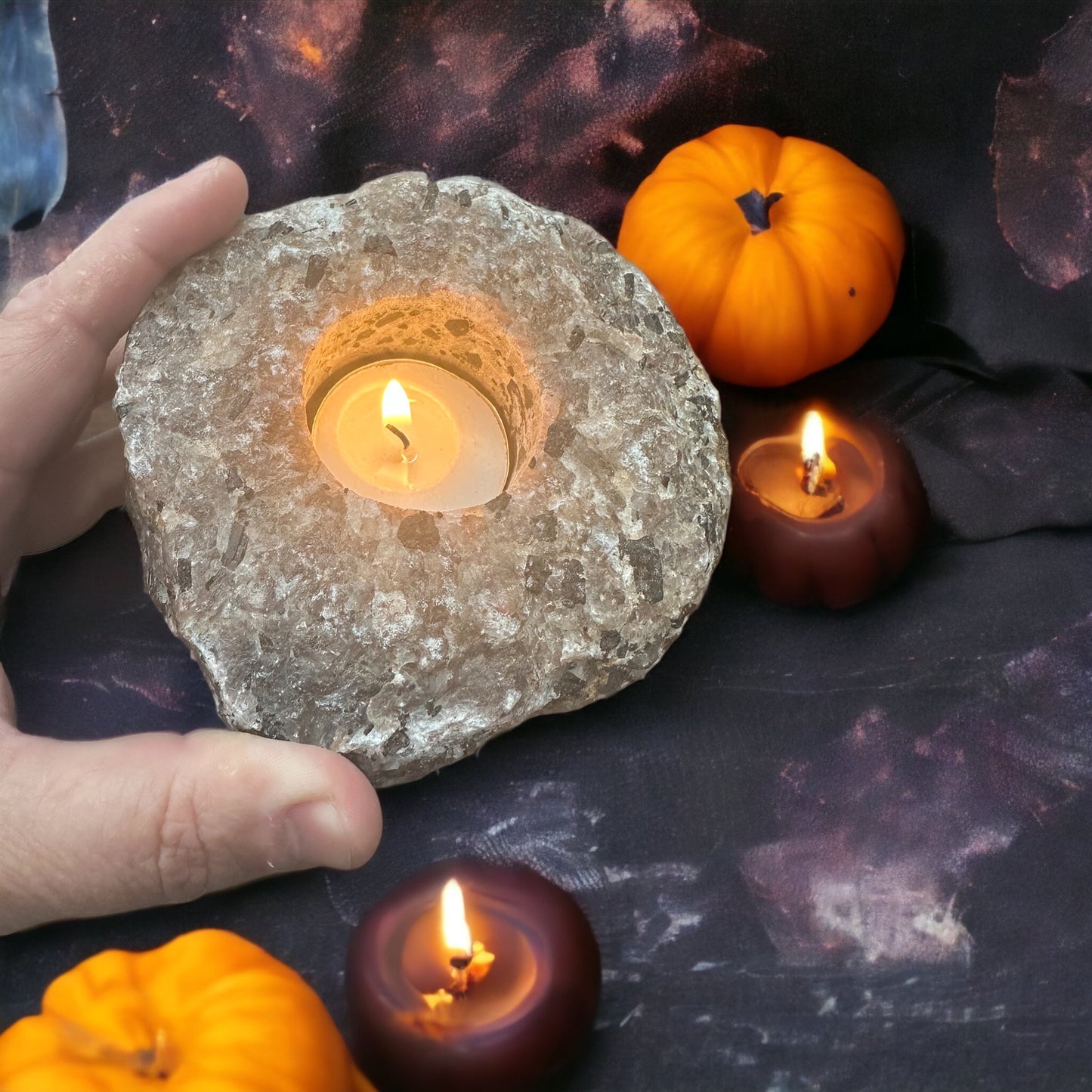 Black Tourmaline in Quartz Tea Light Candle Holder