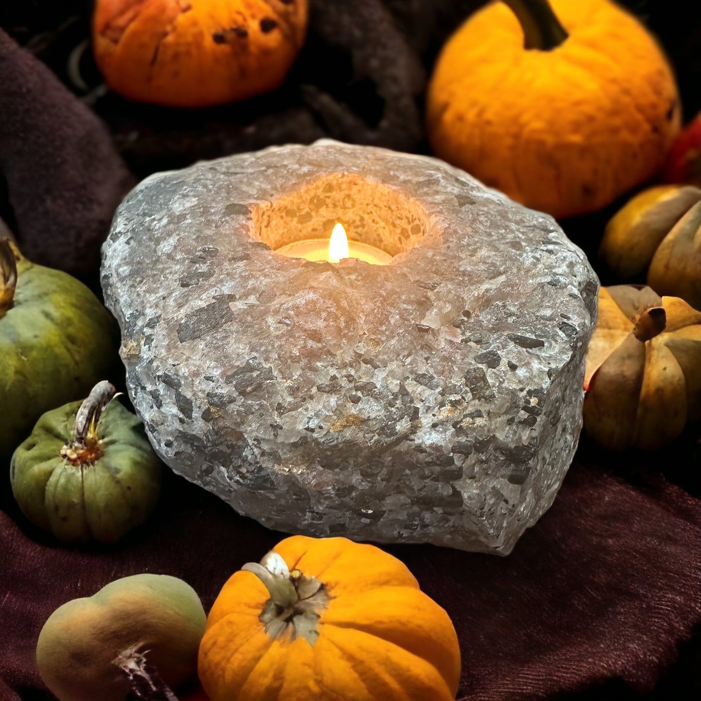Black Tourmaline in Quartz Tea Light Candle Holder