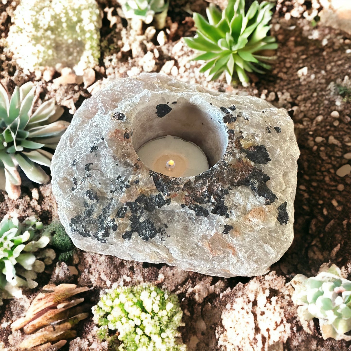 Black Tourmaline in Quartz Tea Light Candle Holder