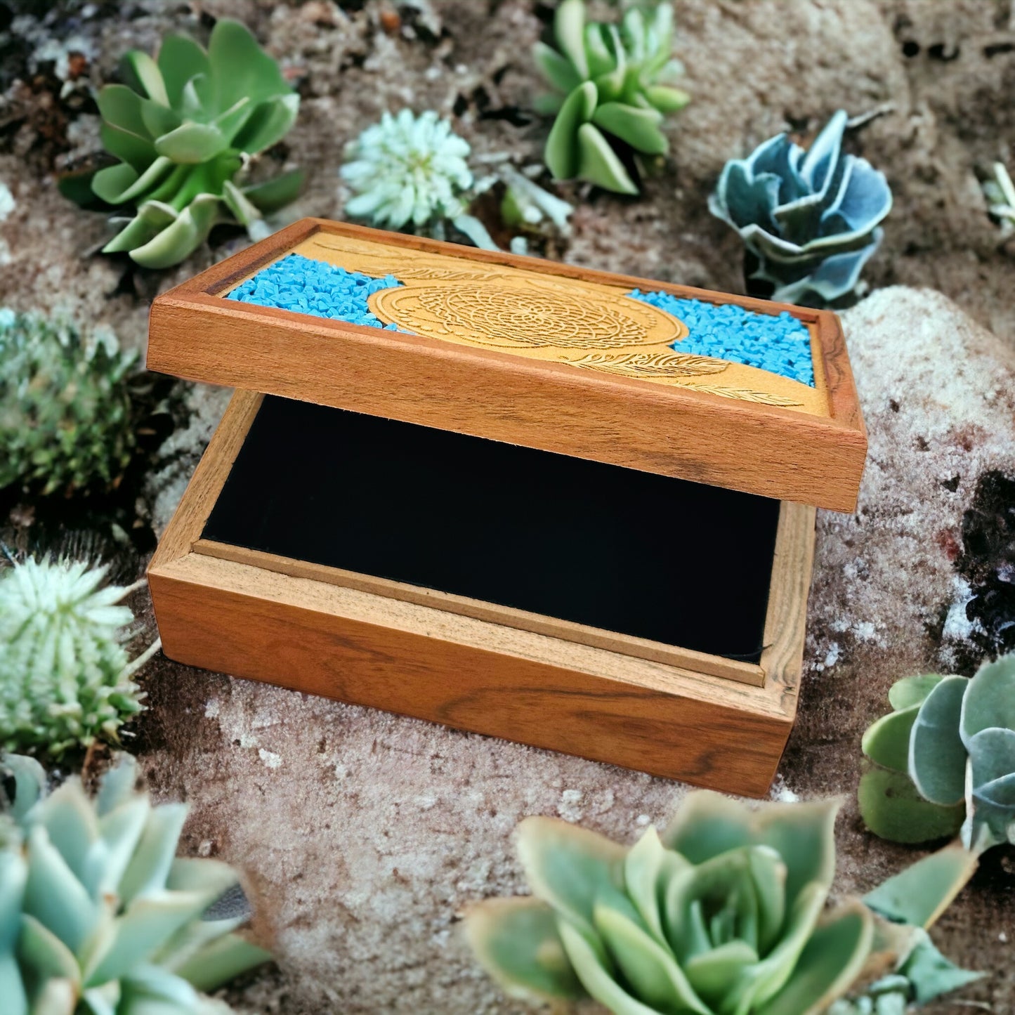 Wooden Jewellery Box - Dream Catcher with Turquoise