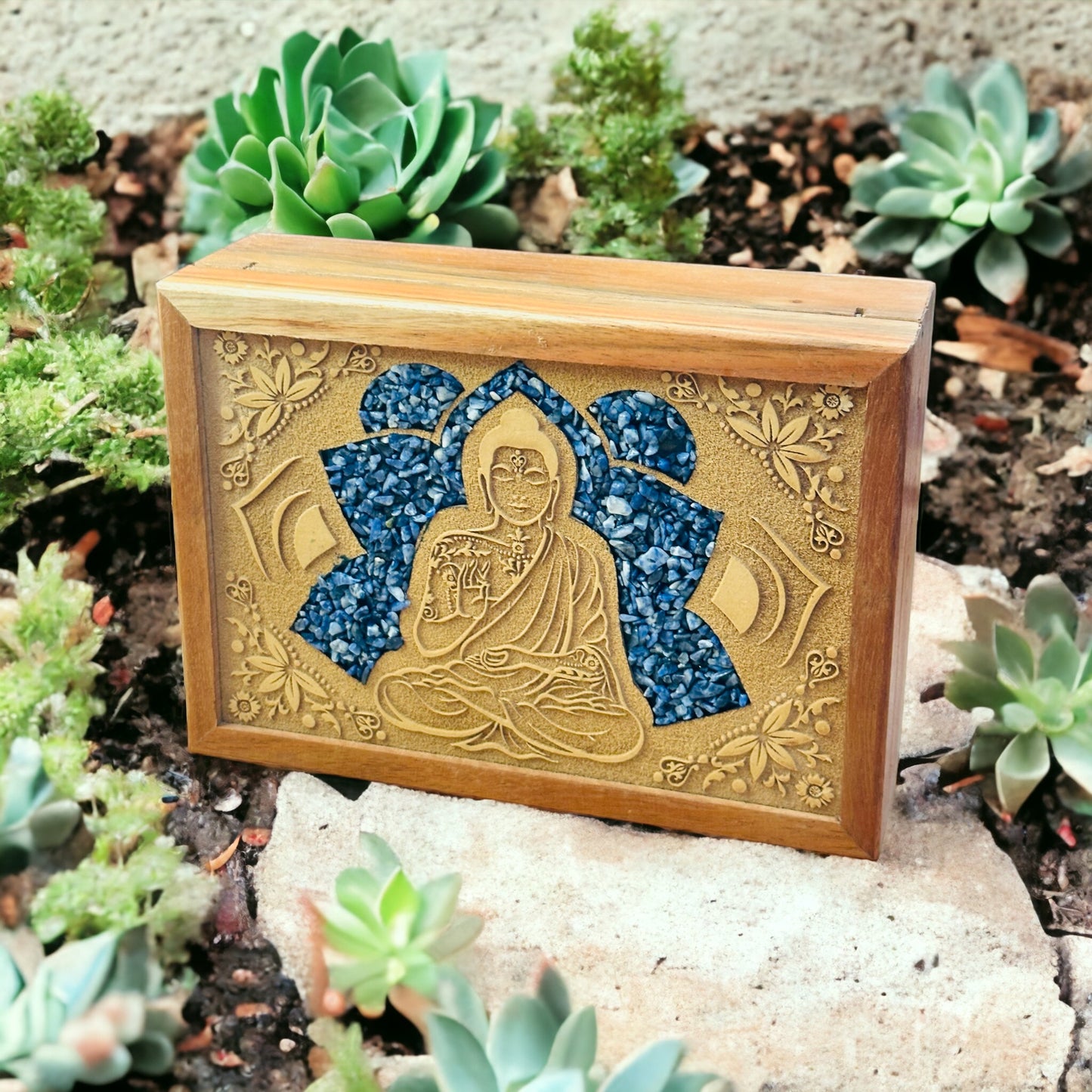 Wooden Jewellery Box - Buddha with Sodalite