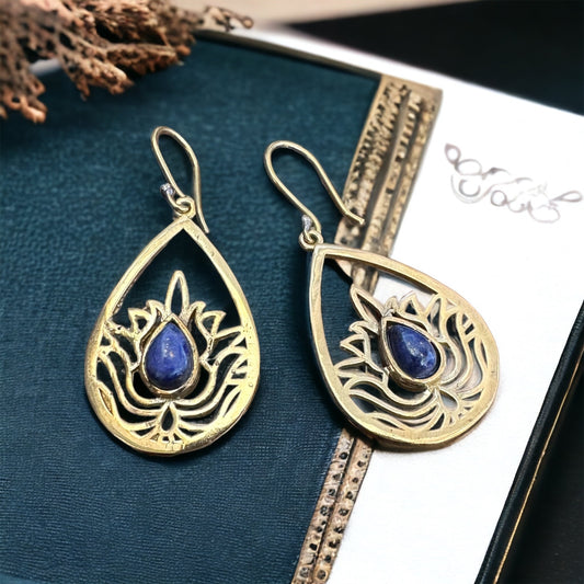 Brass Earrings ‘Blue Lotus’ with Gemstones #61