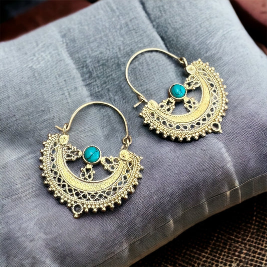 Brass Earrings ‘Tiffany-Blue’ with Gemstones #63