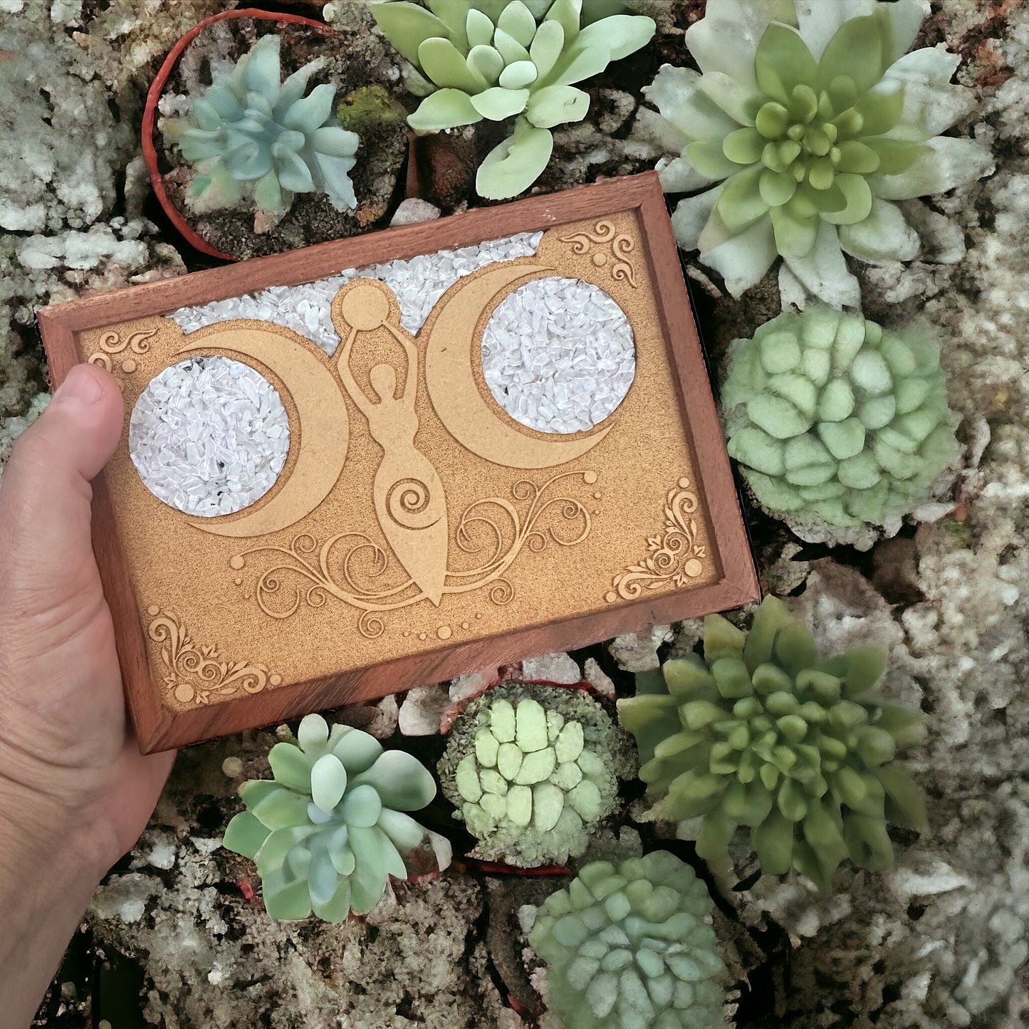 Wooden jewellery box Rainbow Moonstone with Moon Goddess